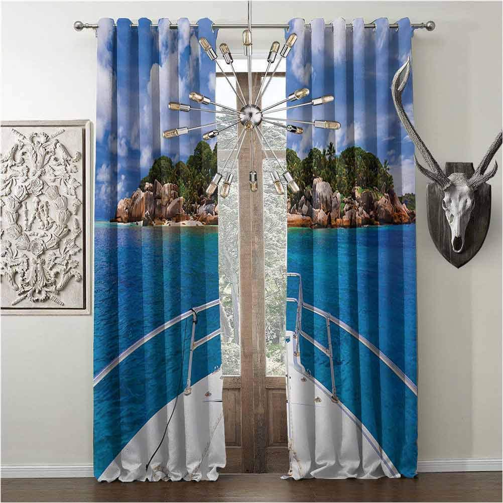 Print for Bedroom Kindergarten Living Room, Sailboat, curtain panel pair, Tropical Island and Boat Exotic Journey Traveling Destinations Holidays, W84 x L108 Inch, Blue Green Ivory, grommets sunshad