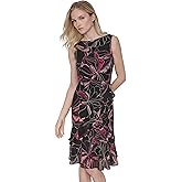 DKNY Womens Sleeveless Jewel Neck Ruffle Hem Knee Length Midi Dress