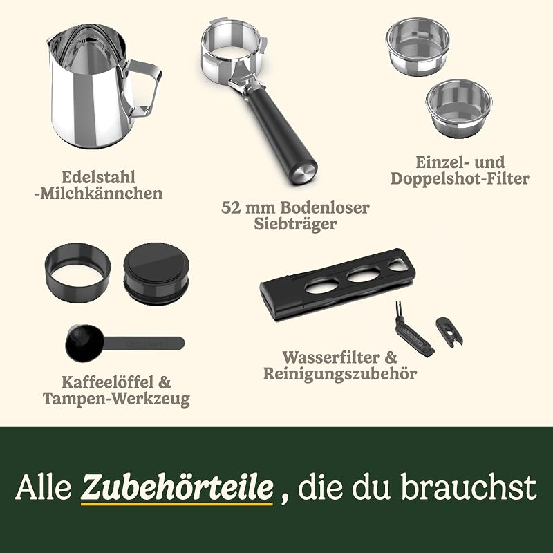 Slim Kaffeemaschine | Espresso, Americano, Cold Brew | Integrierter Milchaufschäumer | 15 Bar | Siebträger ohne Boden | kompakt | Reisebecher | 1,5L Tank, Edelstahl Slim