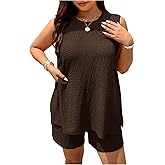 SHENHE Women's Plus Size Summer 2 Piece Outfits Crew Neck Loose Slit Tank Top and Shorts Set