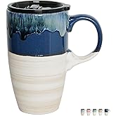 Bosmarlin Ceramic Travel Coffeel Mug with Handle and Lid, 18 oz, Portable Coffee Cup for Car Cup Holder, Microwave and Dishwasher Safe, Reactive Glaze (Deep Blue)