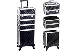 Faquenc Rolling Makeup Case with Wheels Professional 4 in 1 Cosmetic Train Case and Cosmetology Cart Trunk for Makeup Artists Hairstylists Nail Techs and Salons Large Storage Capacity, Black