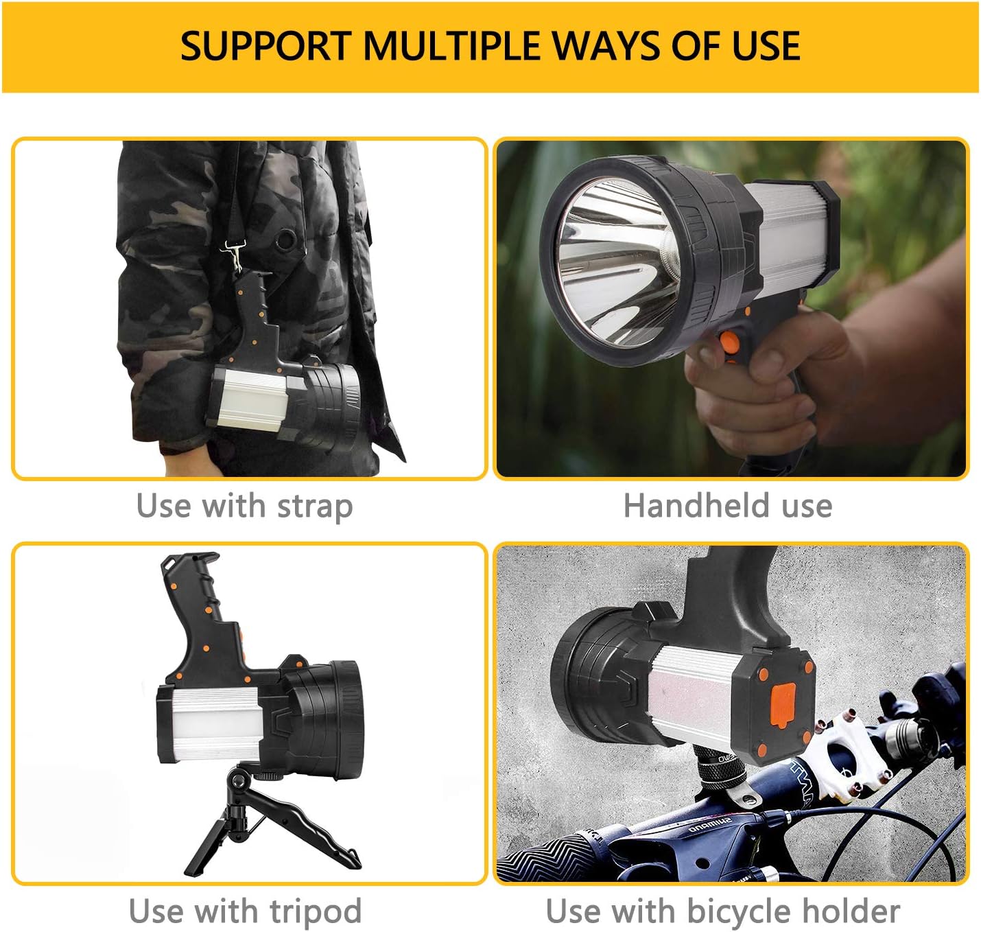 Brightest Spotlight Hand-held Portable LED Flashlight 6000 lumens 9600mAh Rechargeable Long Lasting LED Searchlight Super Bright Torchlight with USB Output Function IPX4 Waterproof (Silver) - - 