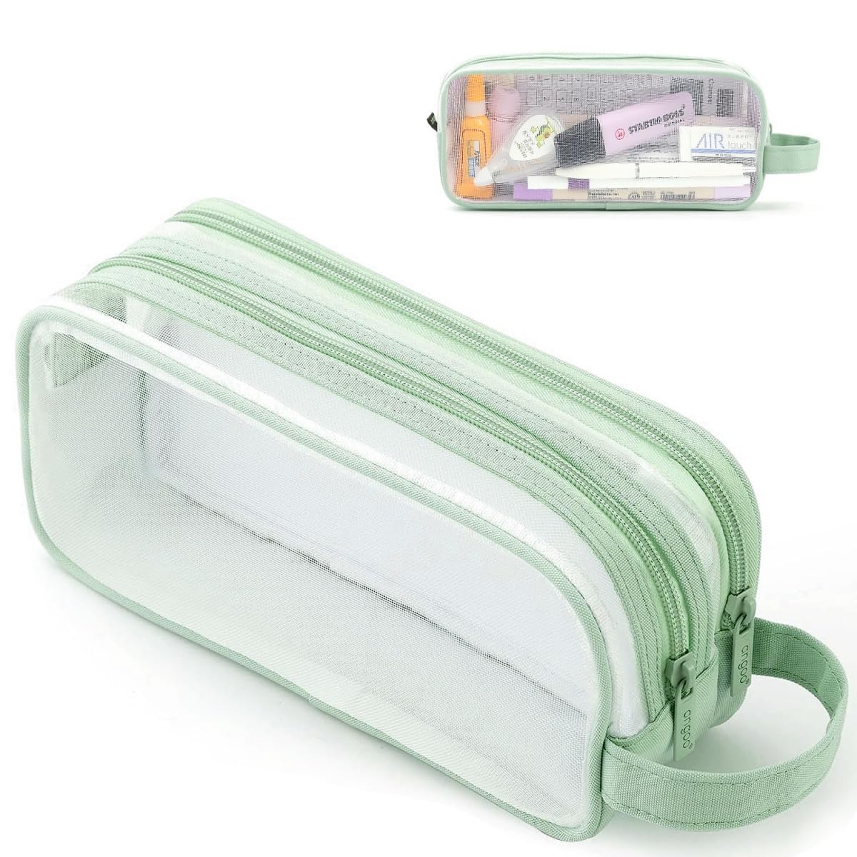 Clear Pencil Case for Exams, Large Capacity Transparent Mesh Pencil Case with 2 Compartments Zipper, Big Pen Pouch Bag Stationery Storage Organizer for School College Home Office Travel (Light Green)