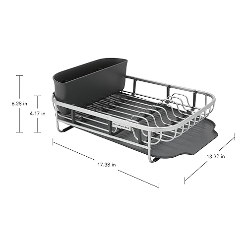 KitchenAid Compact Space Saving Aluminum Rust Resistant Dish Rack, with  Angled Self Draining Drainboard and Re