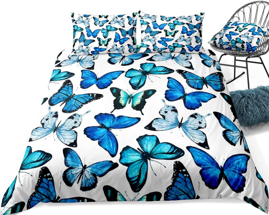 qjmiaofang Butterfly Bedding Set Queen Size Blue Butterflies Duvet Cover 3 Piece Include Watercolor Butterfly Quilt Cover and 2pcs Pillowcases for Women Teen Girls for Home Decor (No Comforter)