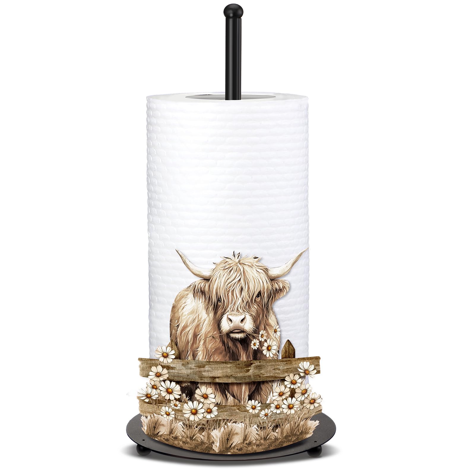 Photo 1 of Shimeyao Highland Cow Metal Paper Towel Holder Farmhouse Highland Cow Kitchen Decor Accessories Large Metal Towel Holder Stand for Kitchen Bathroom Home(Rustic)