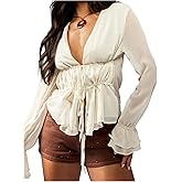 SHENHE Women's Deep V Neck Tie Front Chiffon Ruffle Blouse Dressy Casual Long Sleeve Peplum Top