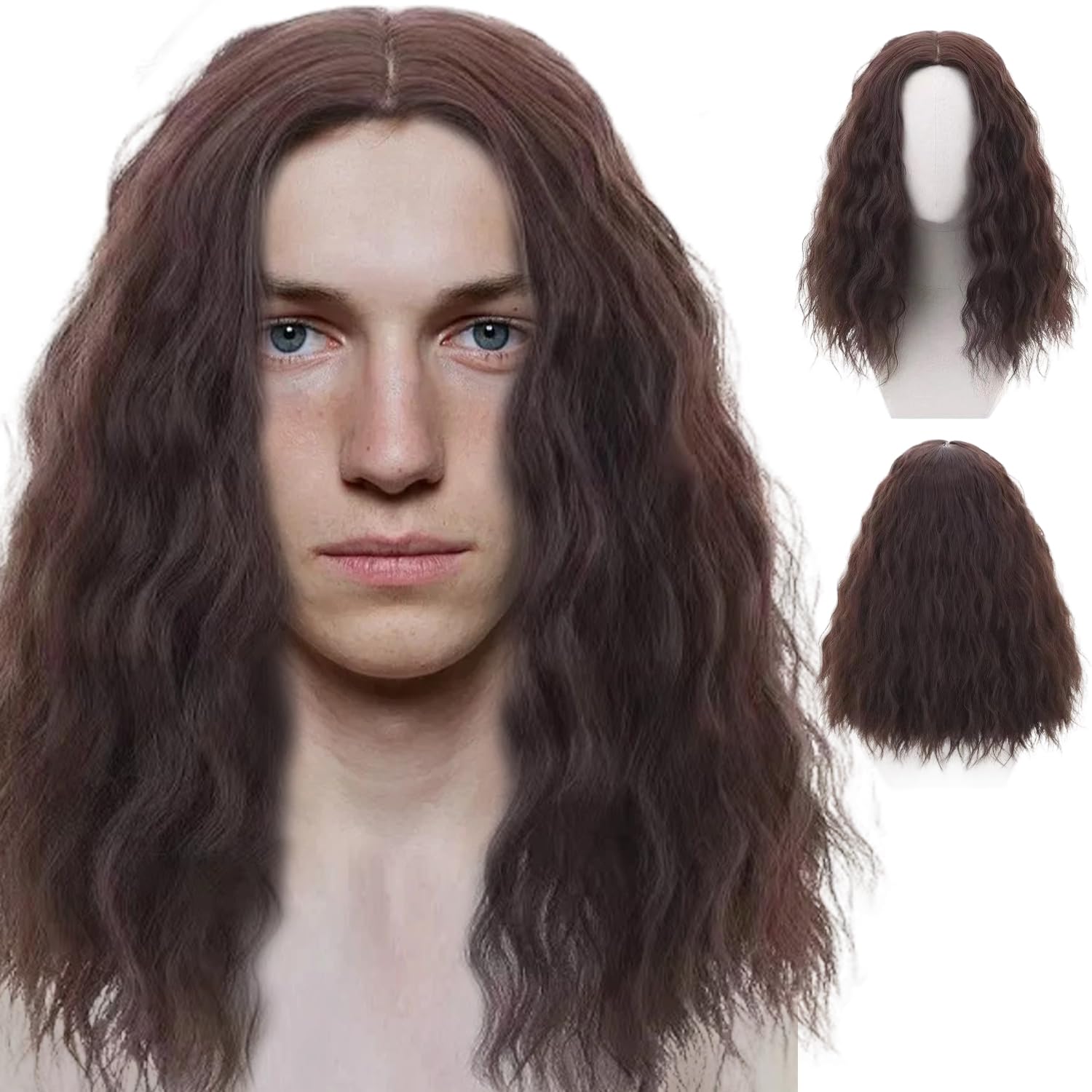 Brown Mid Length Curly Wig for Men - Adult Cosplay 70s 80s Synthetic Hair - Handsome Fluffy Soft Wave Layered Middle Part for Daily, Costume, Party, Halloween