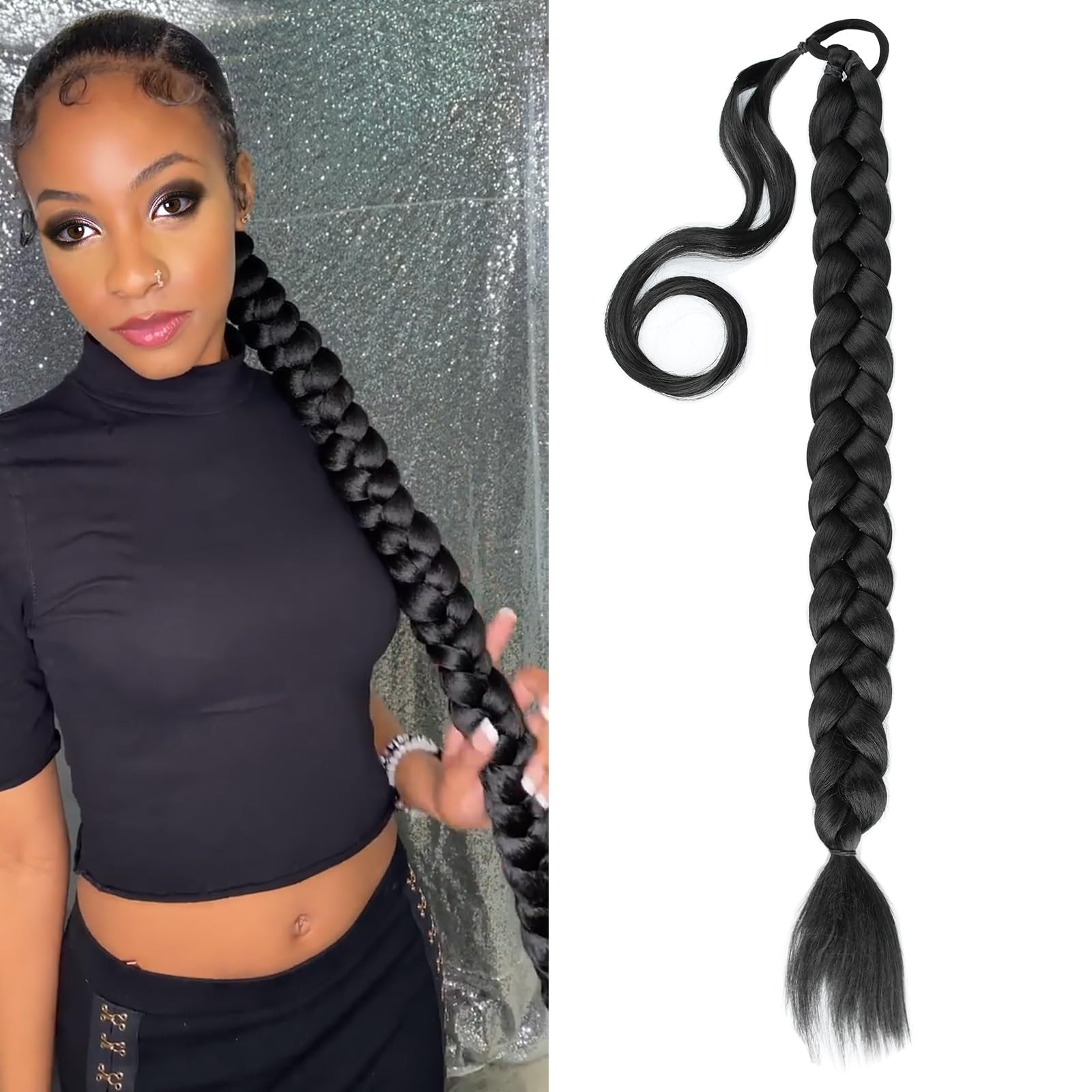 BOBIYA Long Braided Ponytail Extension 30 Inch Pre stretched Braiding Hair Extensions DIY Braid Ponytail Natural Soft Ponytails (Natural Black)