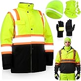 Shyyween 4 Pcs Thickened Warm Hi Vis Safety Jacket Cotton-lined Warm Winter Reflective Hi Vis Rain Construction Gear for Men