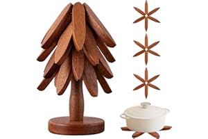 Vertdens Wooden Trivets for Hot Dishes， Tree Shape Trivet Set，Hot Dish Coaster with Tree-Shaped Wood Collapsible Hot Pad Trivet Tree for Restaurant，4 Wooden Trivet + 1 Stand（Walnut Wood）