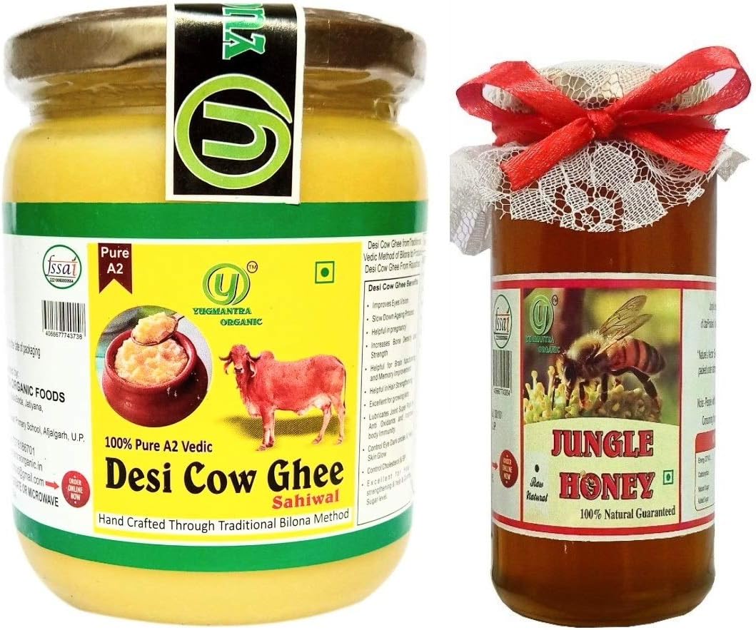 Yugmantra Organic Foods 100% Pure Natural A2 Sahiwal Cow Milk Handmade Desi Ghee -500 Ml + Raw Honey 350 Gms Combo set