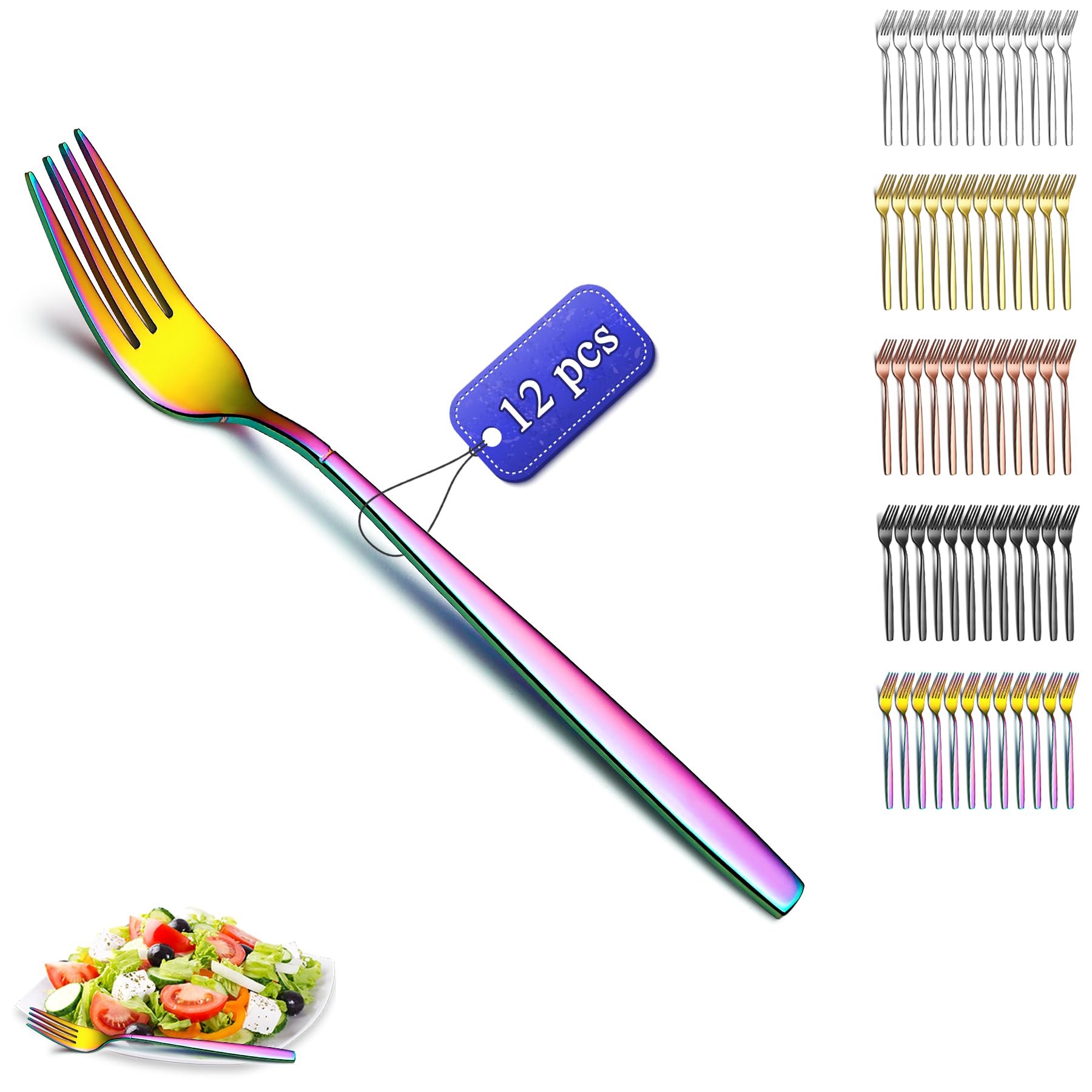 Kyraton Rainbow Dinner Forks Set of 12 Pieces, 18.3cm Colorful Titanium Plating Reusable Stainless Steel Table Forks Cutlery Set for Home, Restaurant, Hotel, Dishwasher Safe