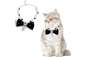 HOWWFALY Adjustable Gold Pet Collar Pearl Princess & Black Bow Tie Necklace with Bell & Heart Charm for Small Medium Dogs, Cats, Puppy, Kitten