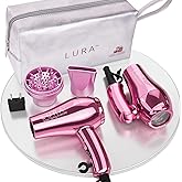LURA Mini Portable Travel Hair Dryer:Dual Voltage Small Lightweight Blow Dryer with EU Plug,1200W Compact Hairdryer with Folding Handle,with Concentrator&Diffuser Attachment,for Women and Men