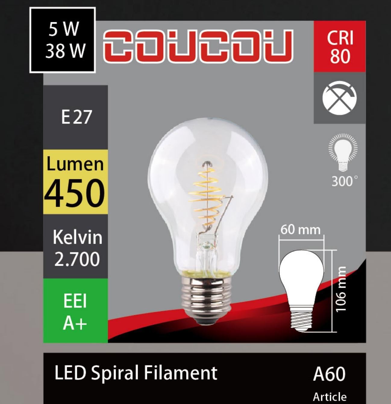 4 x COUCOU Vintage Edison LED A60 Filament Bulb E27 Spiral 400 lm 2700 K Energy Efficiency Class A+ (4x Classic) [Energy Class A+]
