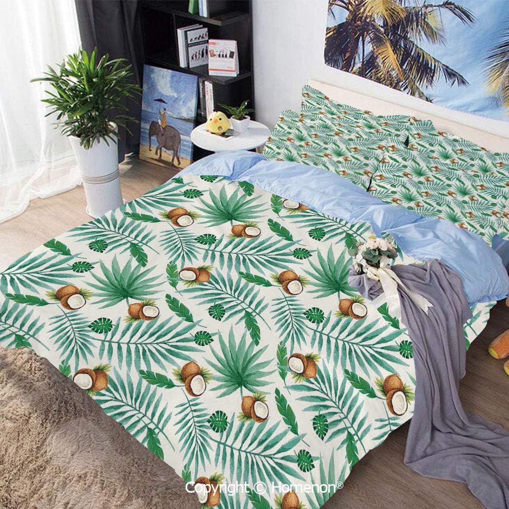 Homenon 3 Piece Set Microfiber Fabric,Coconut Fruit Exotic Nature Palm Tree Leaves Aloha Hawaii Polynesian Food,Queen Size,100% Microfiber Super Soft,Breathable,Green Pale Brown