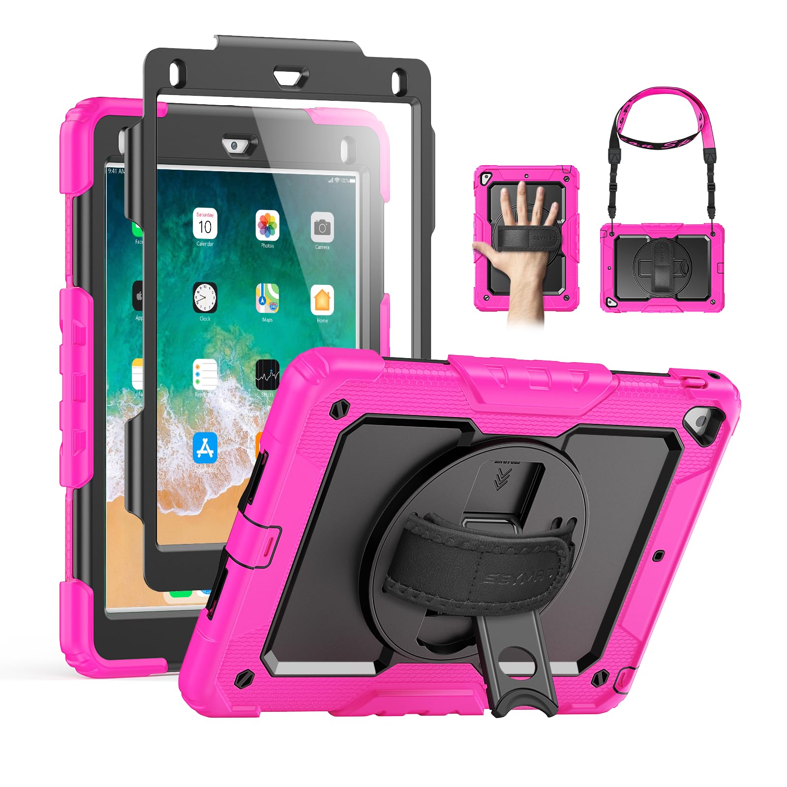 SEYMAC iPad 9.7 Case for 5th/6th Generation, Pro 9.7, Air 2 - Rugged 360 Rotating Stand With Hand Strap, Pen Holder, Adjustable Shoulder Strap (Pink/Black)
