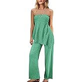 Panadila Womens Off Shoulder Sweater Set 2 Piece Outfits Summer Vacation Knit Matching Lounge Set Tube Top and Pants Set