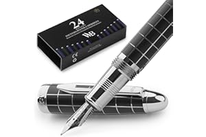 Wordsworth & Black Majesti Fountain Pen - (Checked), Luxury Case, Chrome Finish, Iridium Medium Nib - 24 Ink Cartridges, Refillable Ink Converter-Calligraphy Pen-Best Business Gift Set for Men & Women