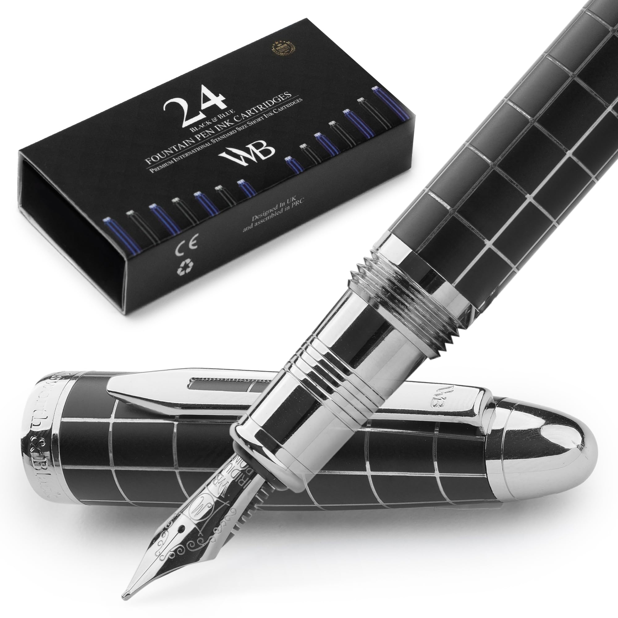 Wordsworth & Black Majesti Fountain Pen-(Checked), Luxury Case, Chrome Finish, Iridium Medium Nib- Ink Cartridges, Refillable Ink Converter-Calligraphy Pen-Best Business Gift Set for Men & Women