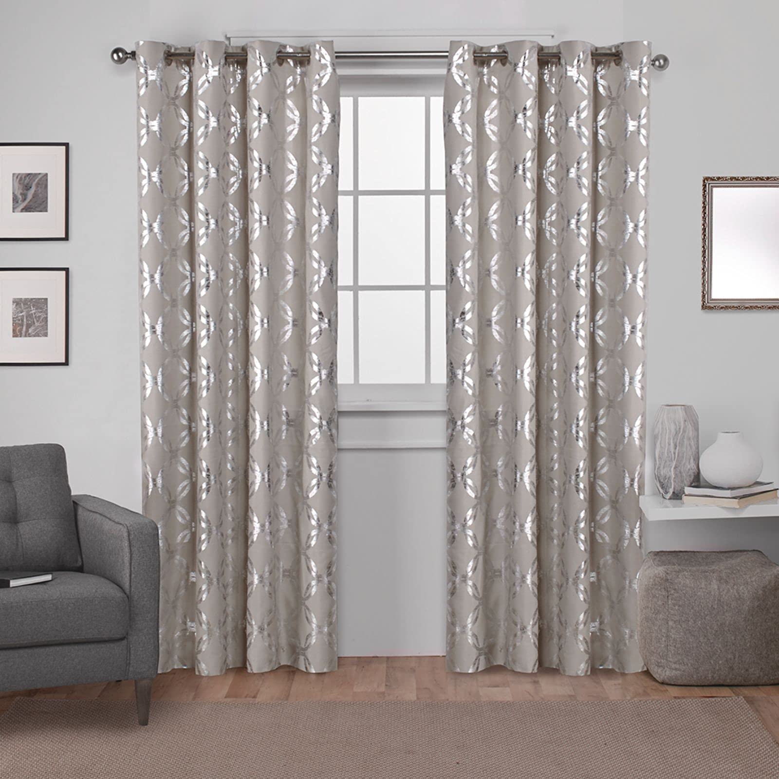 EXCLUSIVE HOME Modo Metallic Geometric Grommet Top Curtain Panel Pair, 54"x108", Natural Image