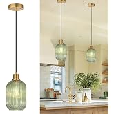 2 Pack Pendant Lights with Vintage Green Ribbed Glass Lampshade, Adjustable Brushed Gold Pendant Lights Fixtures for Kitchen Island Lighting Sink, Dining &amp; Living Room Hallway (Bulbs Not Included)