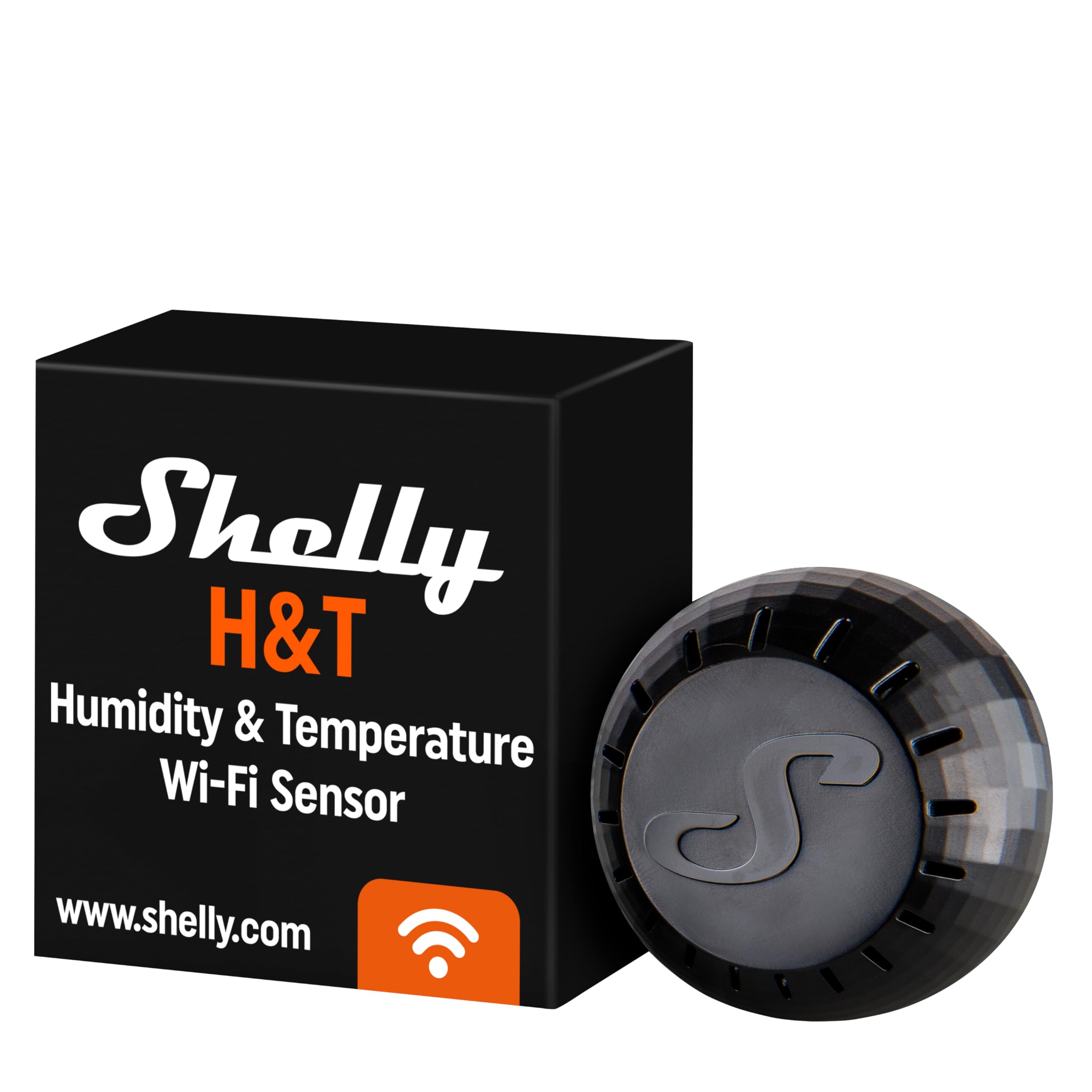 Shelly H&T Black - Smart WiFi Humidity and Temperature Sensor, Mini room Thermometer and Hygrometer, Remote Control iOS Android app, Alerts and Data storage, No hub required