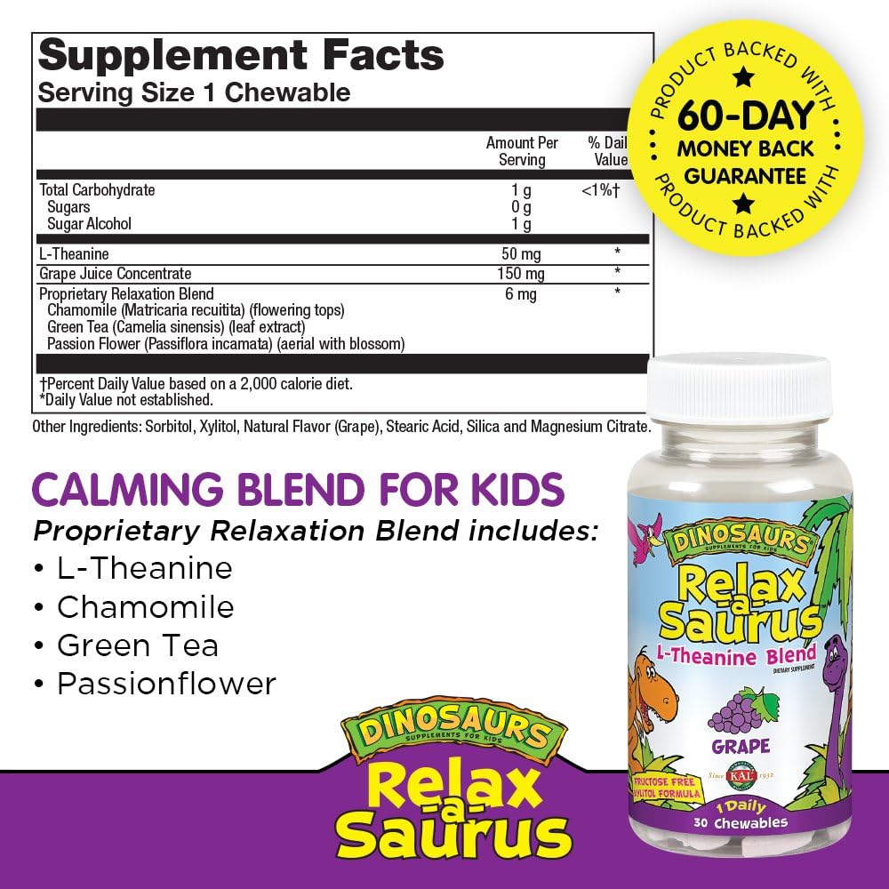 KAL® Relax-a-Saurus | Stress Support for Kids | L-Theanine Relaxation Blend for Children | Grape Flavor Chewables | 30 Servings: Health & Personal Care