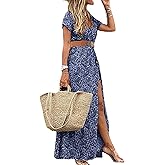 Woolicity Women's 2024 Floral Summer Dress Bohemian Maxi Dresses Wrap V Neck Belted Midi Long Sun Dresses