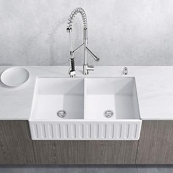 Amazon Com Matte Stone Double Bowl Farmhouse Sink Set With Zurich