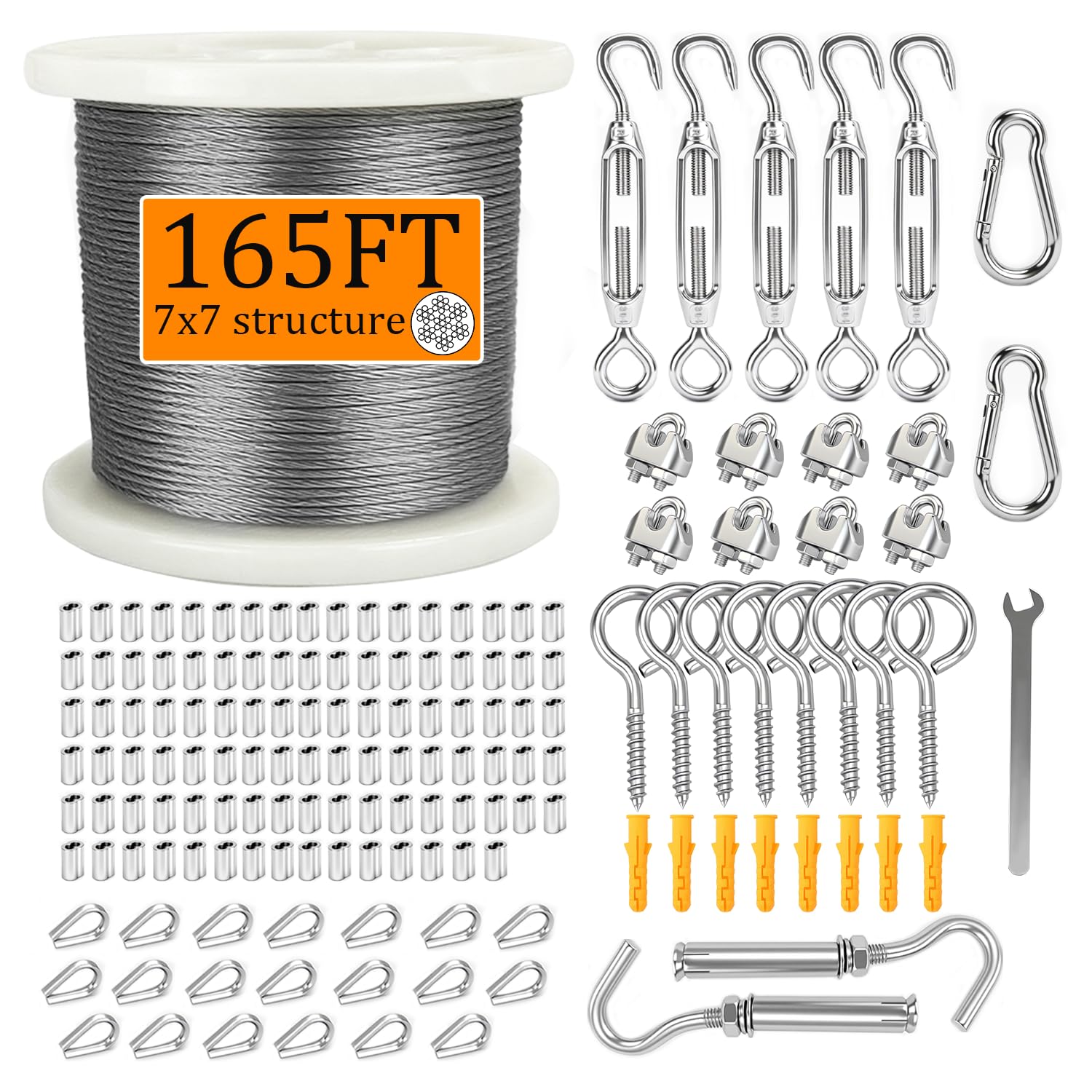 Photo 1 of 165ft/328ft Wire Rope Kit, 1/16" Stainless Steel Cable 7x7 Strand Core, with Turnbuckles, Crimping Sleeves, Stainless Steel Thimbles, Eye Screws for Outdoor String Lights, Railing, Decking, Garden