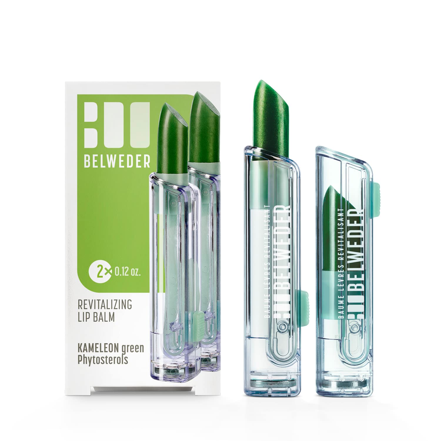 BELWEDER – x2 Revitalizing Lip Balms with Phytosterols - Protective, Moisturizing, Soothing, Regenerating - Kaméléon Green Colored Balm - 2 Sticks of 3.5 g