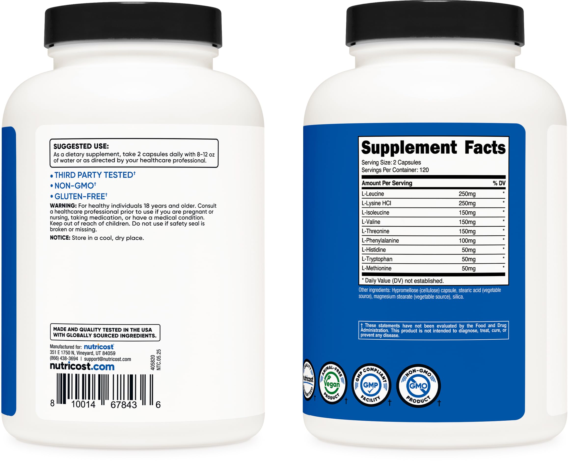 Nutricost EAA Capsules 1200mg, 240 Capsules - Essential Amino Acids, 120 Servings - Non-GMO, Gluten Free & Vegan
