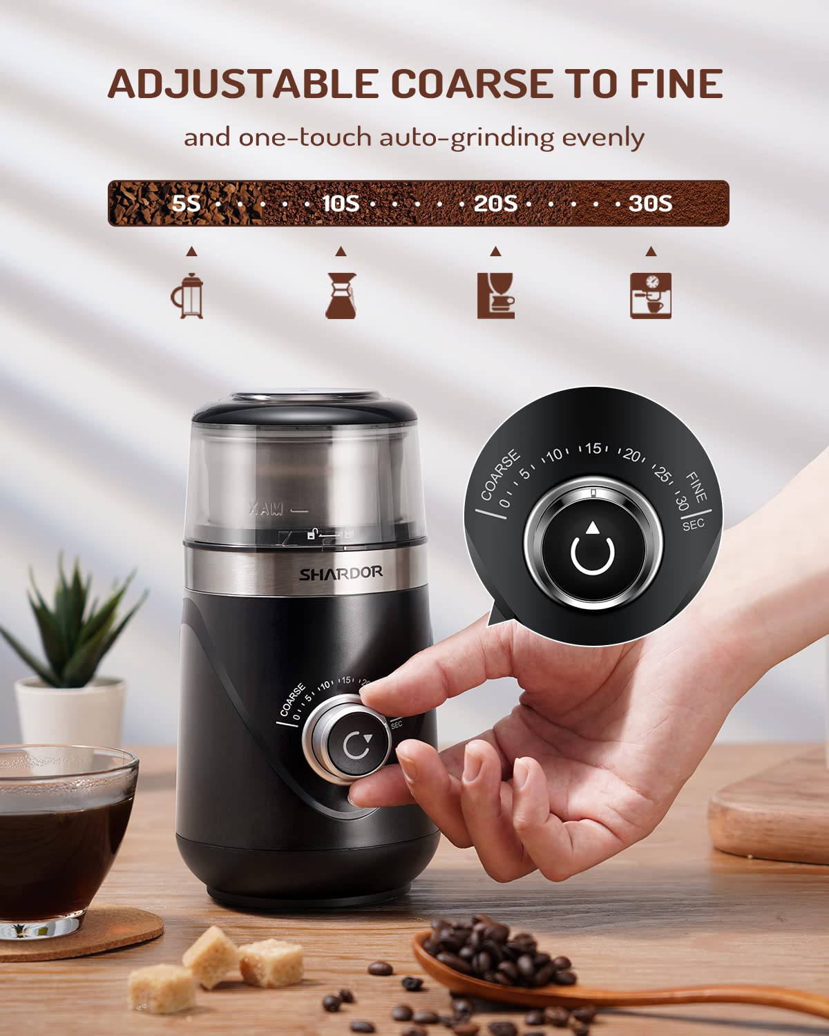 SHARDOR Adjustable Coffee Grinder Electric, Spice Grinder, Coffee Bean Grinder, Espresso Grinder with 1 Removable Stainless Steel Bowl, Black