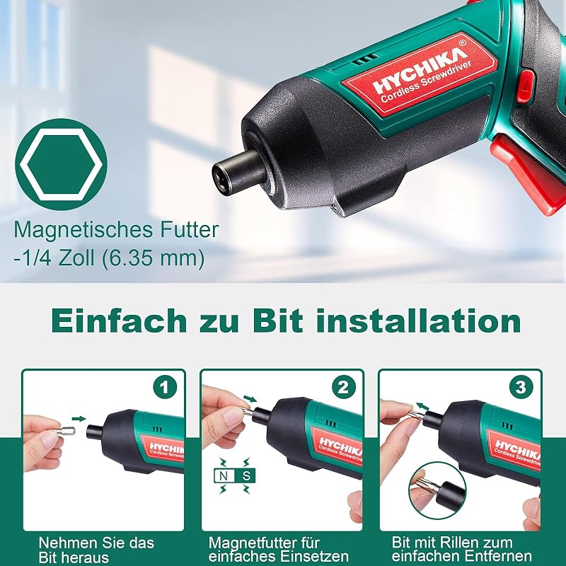 HYCHIKA Akkuschrauber, Cordless Screwdriver 6N·m Drehmoment und 2000mAh Akku 3,6V mit 20 Zubehörteilen, LED Licht, Magnetfutter für Schrauben