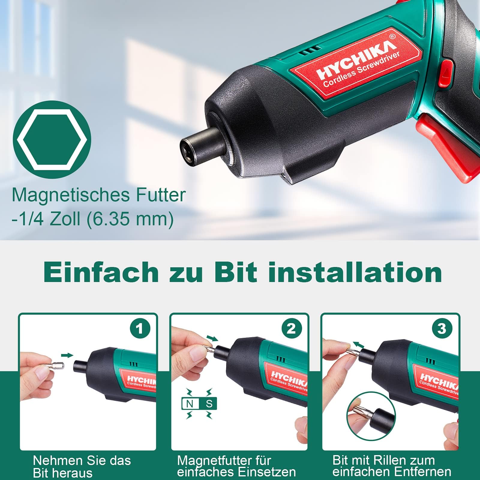 HYCHIKA Akkuschrauber, Cordless Screwdriver 6N·m Drehmoment und 2000mAh Akku 3,6V mit 20 Zubehörteilen, LED Licht, Magnetfutter für Schrauben 3