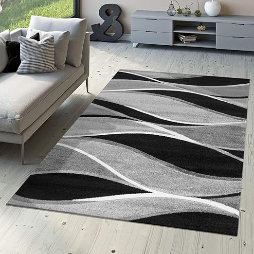 Tapis De Designer Tolède Moderne Chiné Rayures Avec Tons Gris Noir Blanc Dimension80x150 Cm