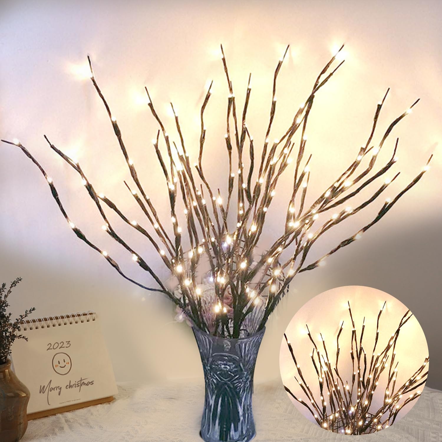 Photo 1 of DK177 2 Pack Led Branch Light Battery Operated Lighted Branch Vase Filler Willow Tree Artificial Little Twig Power Brown 30 Inch 20 LED for Home Outdoor Indoor Romantic Decoration, White Light