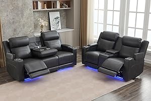 Neptane Home Theater Seating with Power Headrest, Power Reclining Sofa and Loveseat Set with Wireless Charging/LED Light/Armrest Storage/USB&Type-C(Grey&Black, Loveseat+Sofa)