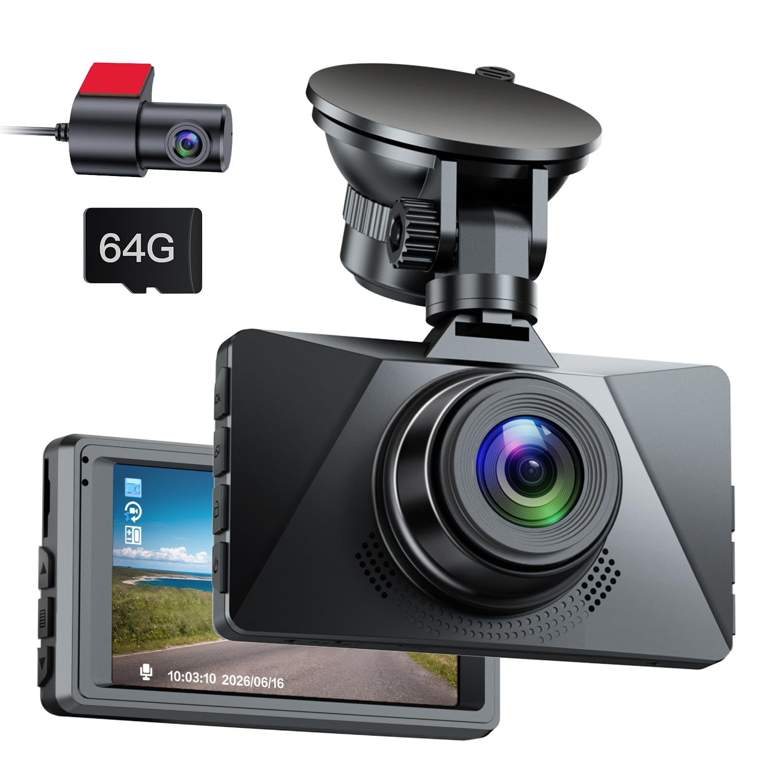 Range Tour Car Dash Cam Front and Rear, 64G Card Included, FHD 1080P Car Camera 170° Wide Angle HDR Driving Recorder