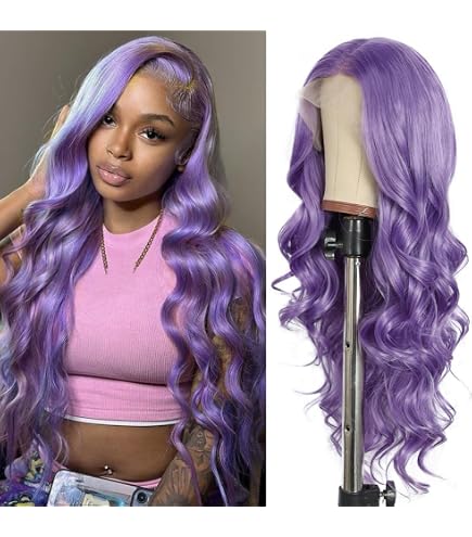 Women\'s Ombre Light Purple Heat Resistant Synthetic Medium Hair 16-Inch Wigs Brown Purple Ombre Wavy Synthetic Hair Wig with Bangs  main image 2