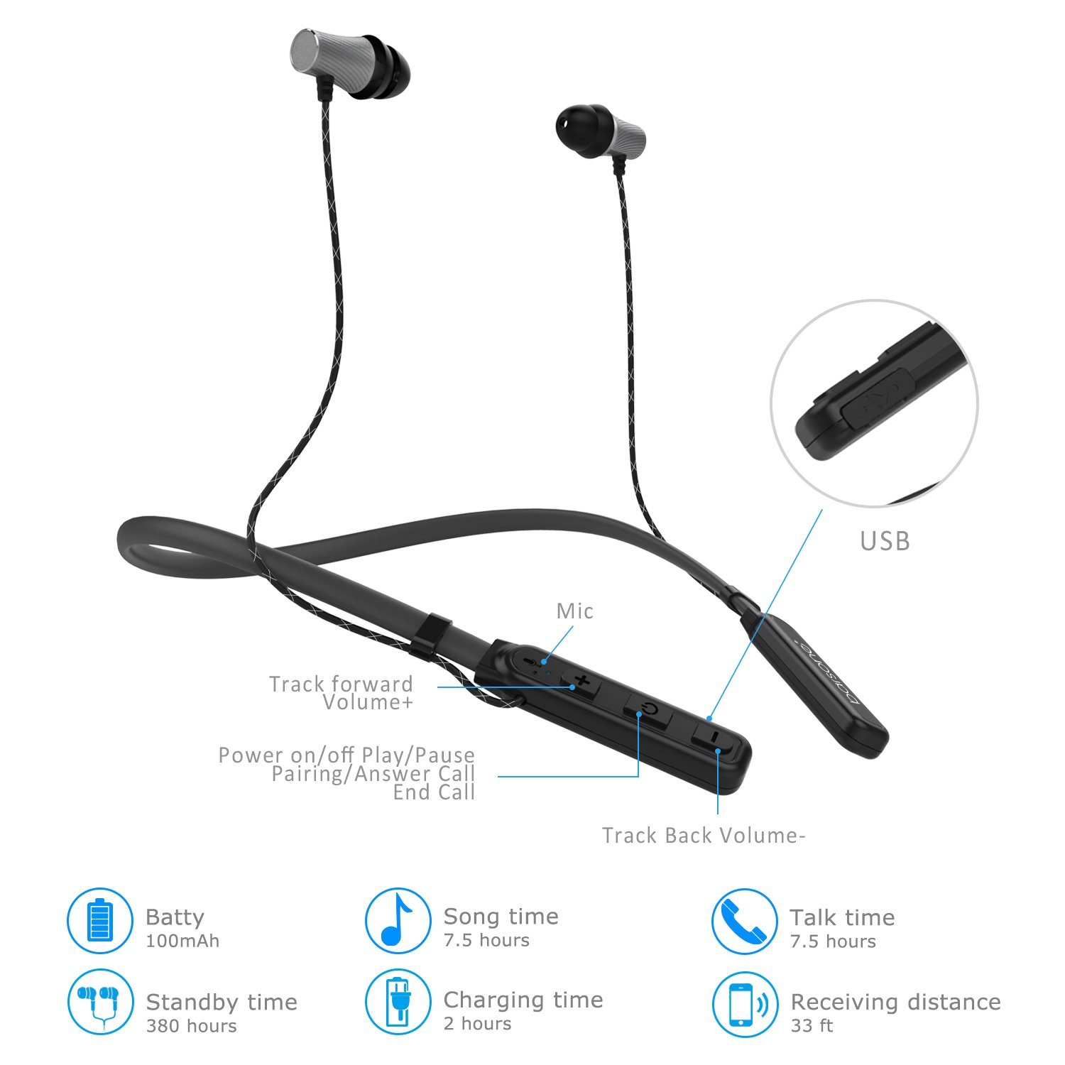 Barsone Neck Band Wireless Bluetooth Headset, Bluetooth 4.1 Headphones Stereo Magnetic Attraction Earbuds Sweat-Proof Sports In Ear Headphones with Microphone for iPhone,Samsung HTC and Most Other Bluetooth Bluetooth Devices (Gray)