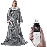 Wearable Electric Blanket Heated Throw, 52" x 72" Fast Heating Wrap Poncho Shawl with Foot Pocket & Sleeves, 6 Heat Levels & 12 Hours Auto Shut-Off, Machine Washable, ETL & FCC Certified, Grey