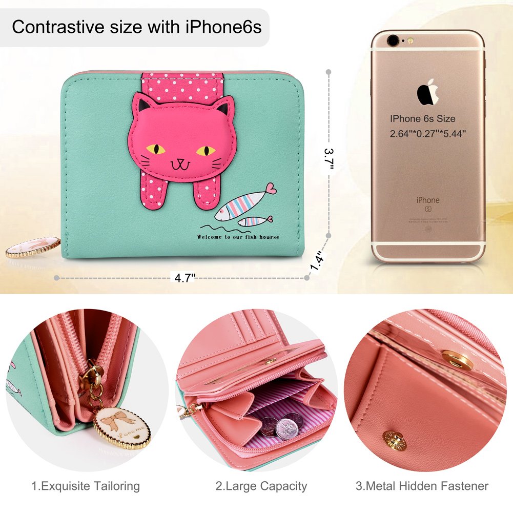 Vbiger Geldbörse Mädchen Kleine Geldbeutel Portemonnaie Damen Niedliche Katzen Muster Geldbörse für Kinder Wasser grün