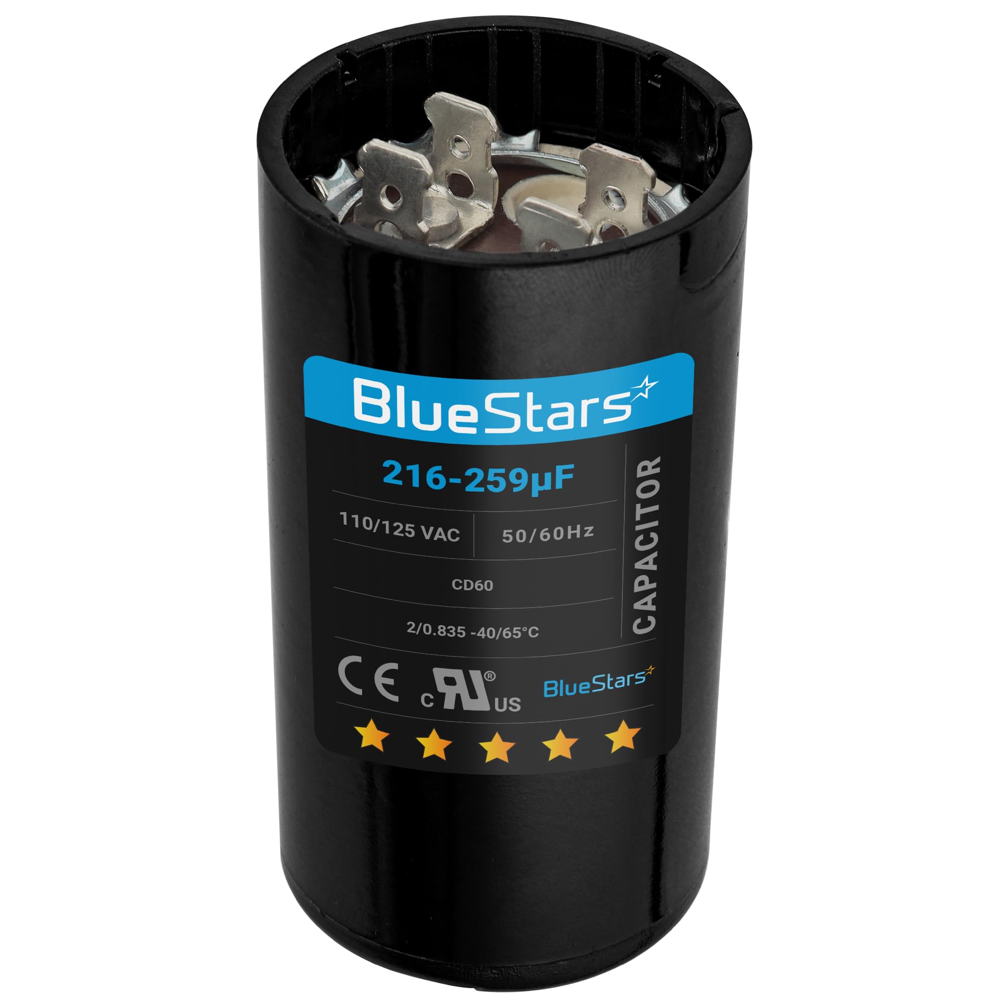 Photo 1 of [UL Certified] BlueStars 216-259 uF/MFD 110-125 VAC Round Start Capacitor CD60 Replacement Part - Fit AC Motor Run Fan Start, Cool or Heat Pump Air Conditioner, Lot -1 - Lifetime Up to 30.000 Hours
