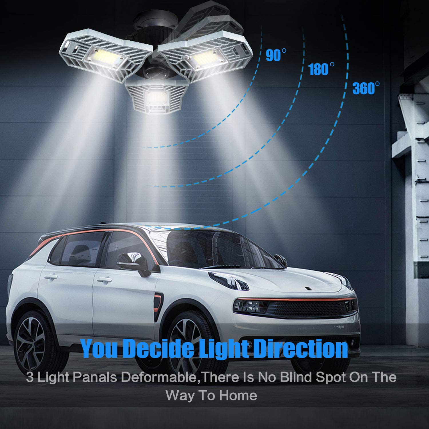 Garage Light 6000 Lm Deformable LED Garage Ceiling Lights 60W CRI 80 Led Shop Lights for Garage 3 Adjustable Panels Utility Led Garage Lighting (No Motion Activated) (60W Standard)