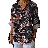 Summer Trendy Tops for Women Dressy Casual Blouses V Neck 3/4 Sleeve Graphic Tees Oversized Lightweigh Clothes