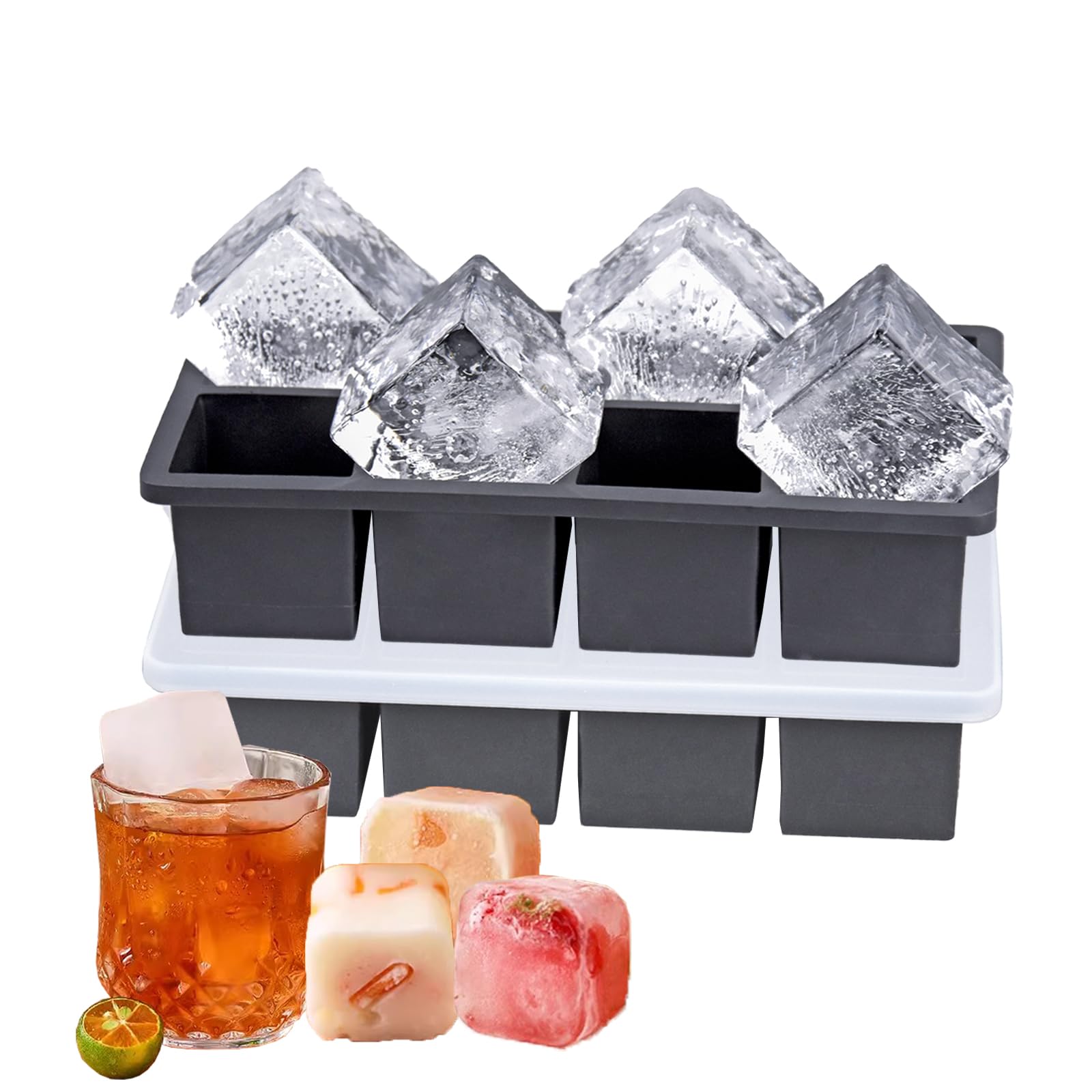 Easy Release Silicone Ice Cube Trays with Stiff Frame - Pack of 2 - Extra Large Ice Moulds Flexible BPA Free, Melt Slowly Square Ice Cubes Perfect for Whiskey Spirits Cocktails (Black)